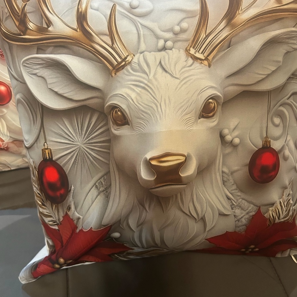 Festive Deer Holiday Pillow with Gold and Red Accents